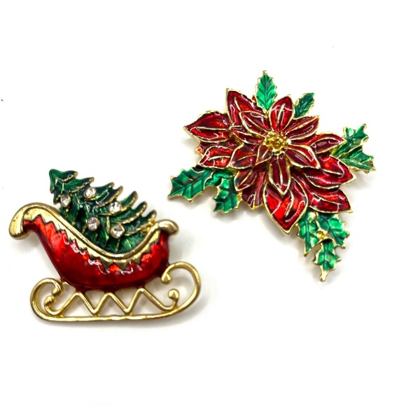 Festive Red and Green Poinsettias and Red Sled Christmas Tree Brooches - Picture 2 of 9